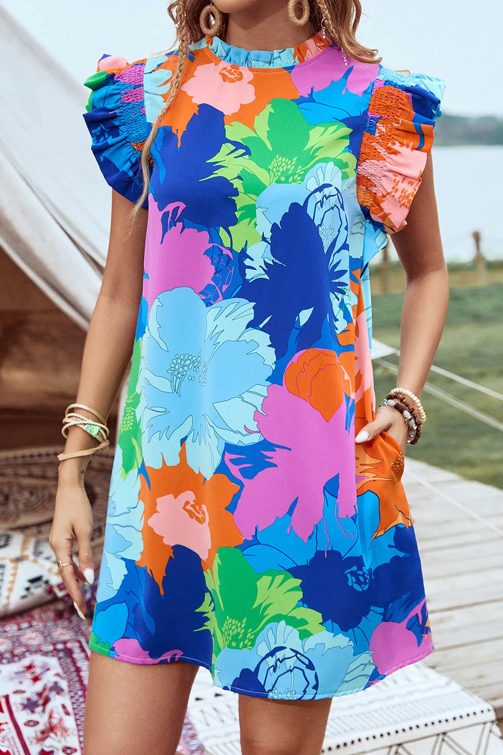 Blue Bold Floral Flutter Sleeve Shift Mini Dress with Pockets sold by eAura product image thumbnail 5