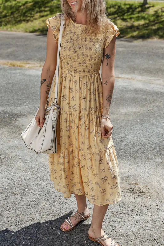 Yellow Boho Floral Print Ruffle Smocked Flowy Summer Dress sold by eAura