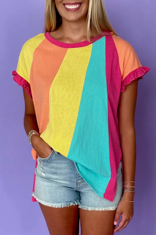 Rose Red Colour Block Ruffled Crew Neck Loose Fit T Shirt sold by eAura