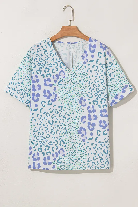 Sky Blue Mixed Leopard Print V Neck Short Sleeve Blouse sold by eAura