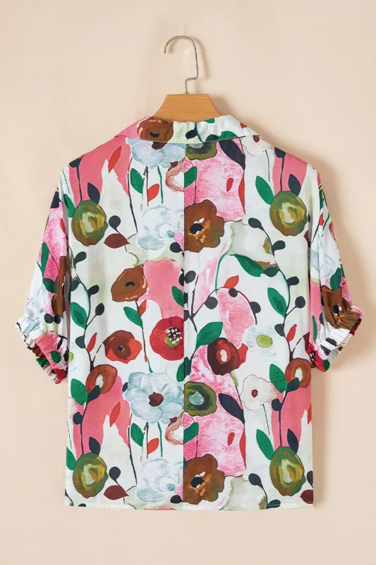 Pink Floral Print Slit V Neck Short Sleeve Blouse sold by eAura