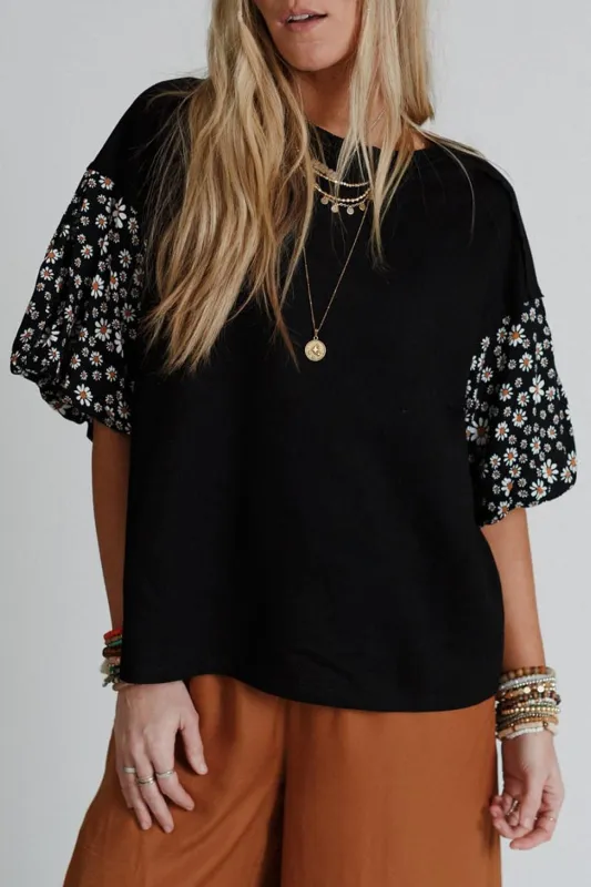 Black Contrast Floral Puff Sleeve Oversized Top sold by eAura