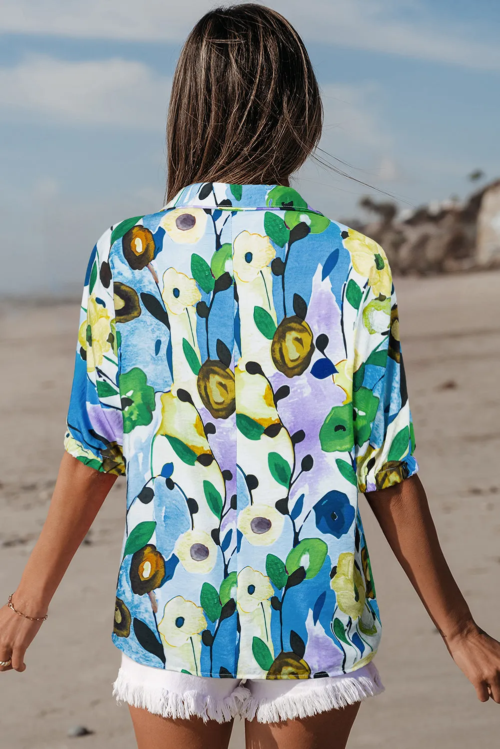 Light Blue Floral Print Slit V Neck Short Sleeve Blouse sold by eAura product image thumbnail 2