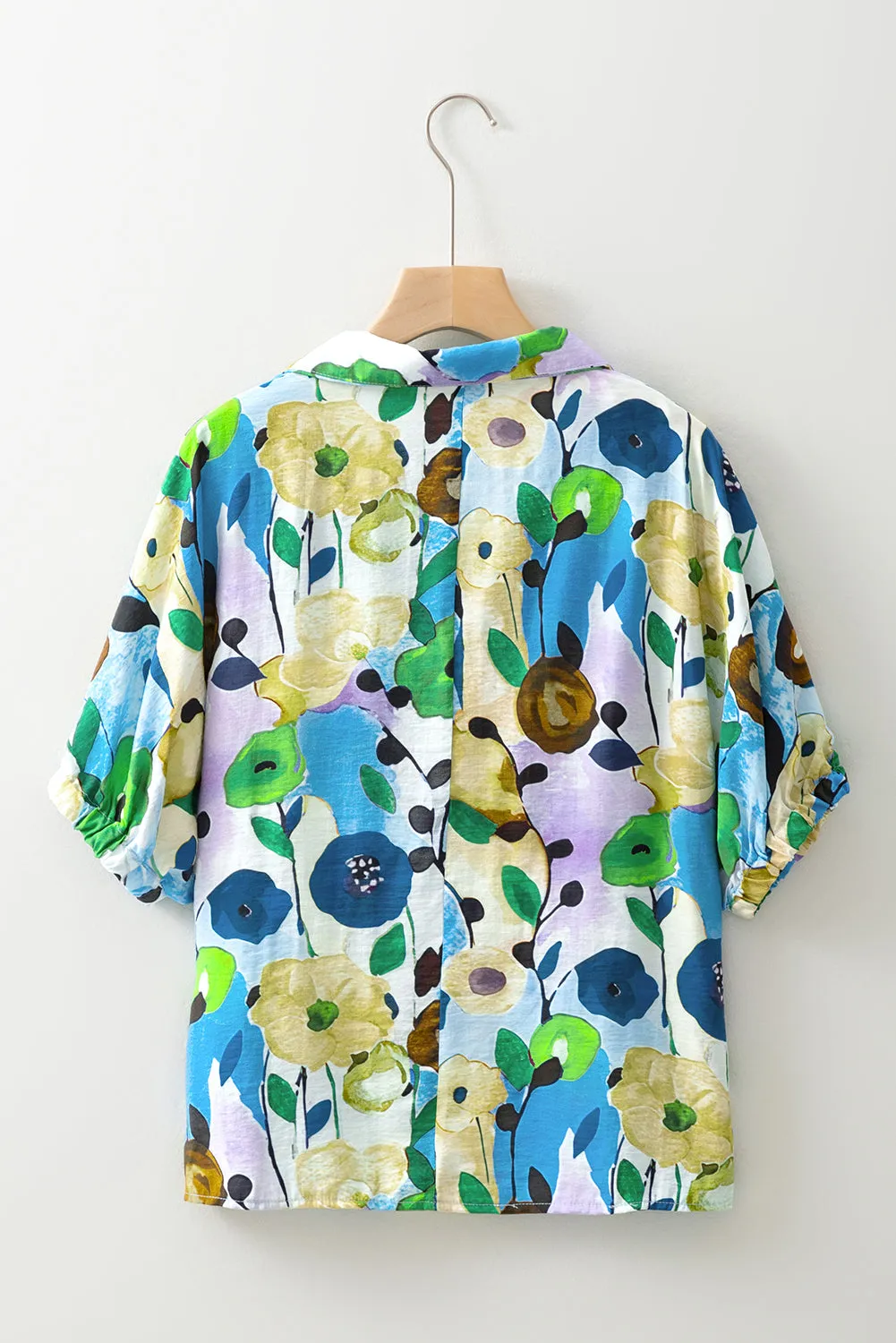 Light Blue Floral Print Slit V Neck Short Sleeve Blouse sold by eAura product image thumbnail 5