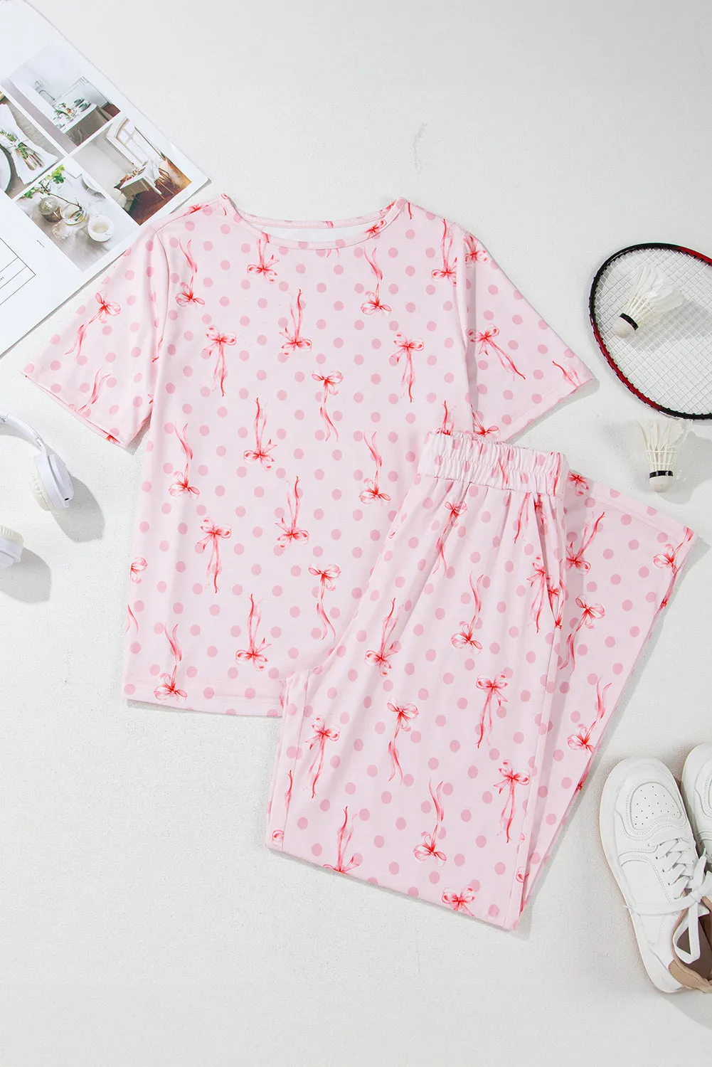 Pink Bow Knot Polka Dot Print Short Sleeve Top Lounge Set sold by eAura product image thumbnail 4
