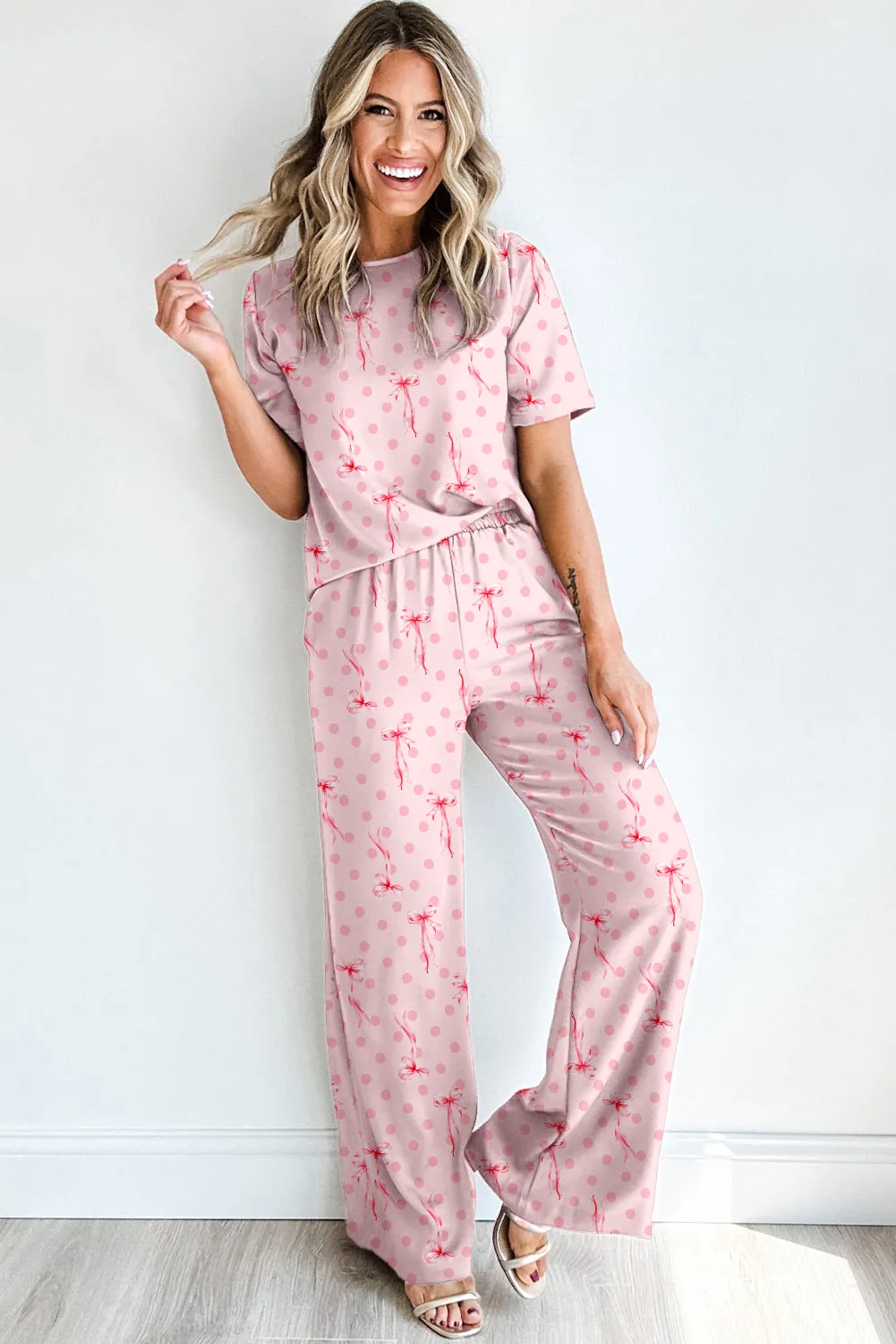 Pink Bow Knot Polka Dot Print Short Sleeve Top Lounge Set sold by eAura product image thumbnail 3