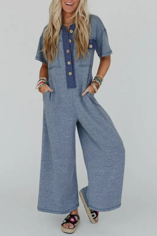 Beau Blue Half Placket Chest Pockets Short Sleeve Wide Leg Jumpsuit sold by eAura