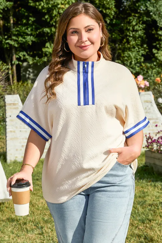 White Varsity Half Zip Textured Plus Size Top sold by eAura