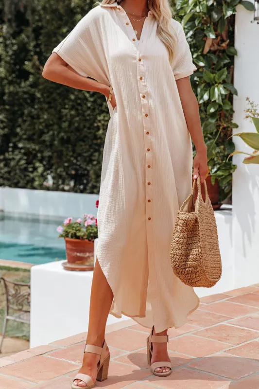 Apricot Crinkled Buttons Maxi Beach Dress with Slits sold by eAura
