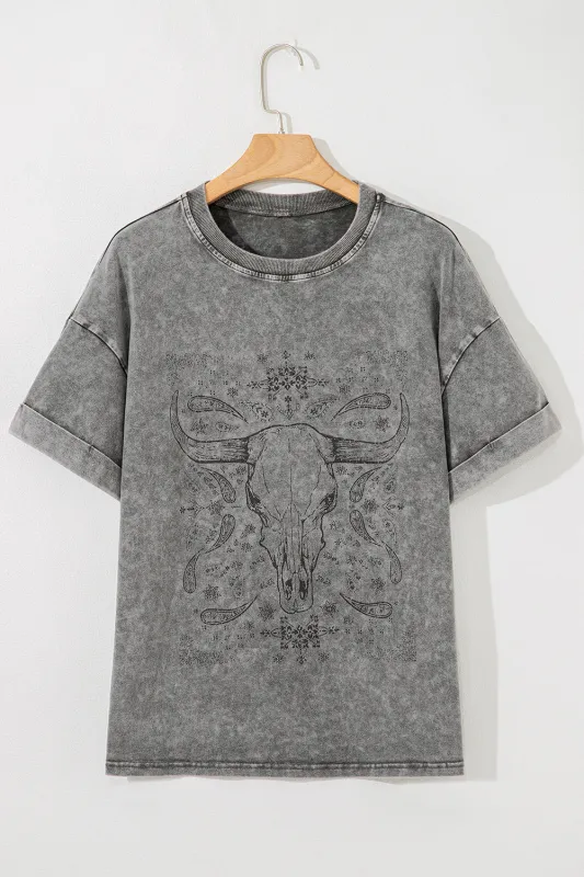 Light Grey Western Steer Head Tie Dye Print Crew Neck T Shirt made by eAura