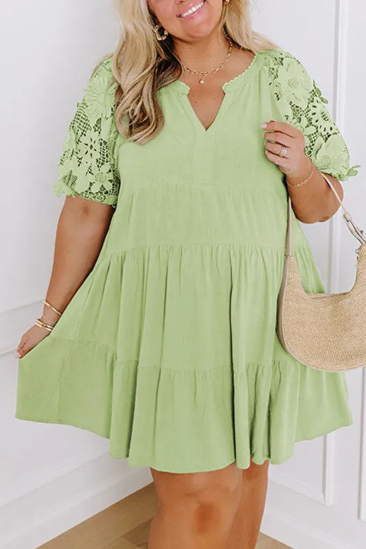 Laurel Green Floral Crochet Short Sleeve Notch V Neck Tiered Plus Size Mini Dress sold by eAura