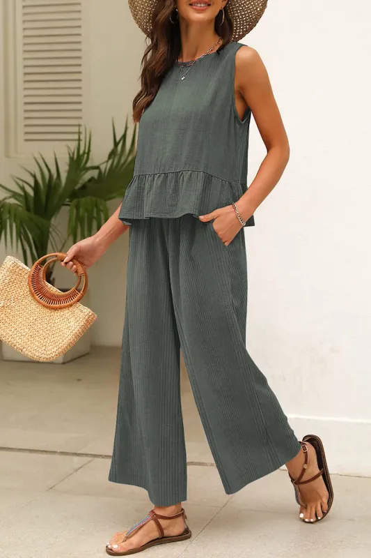 Duffel Green Solid Colour Ribbed Ruffle Tank Top and Trousers Set sold by eAura