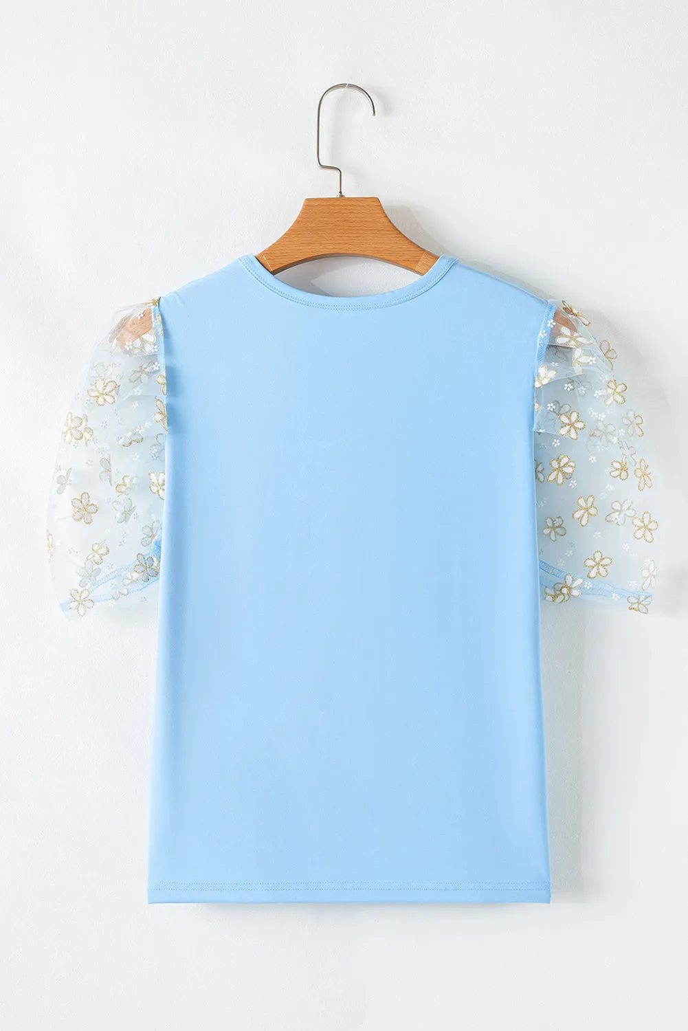 Beau Blue Floral Mesh Puff Sleeve Crew Neck Top sold by eAura product image thumbnail 4