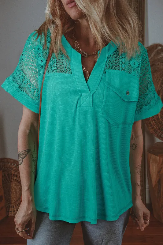 Sea Green Lace Patchwork Split Neck Textured Short Sleeve Blouse sold by eAura
