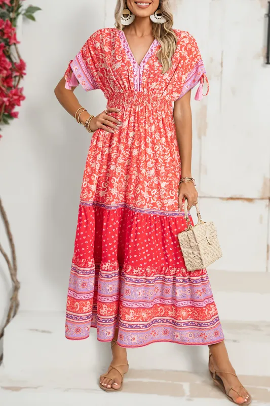 Red Floral Print Tasseled Tied Sleeve Empire Waist Maxi Dress sold by eAura