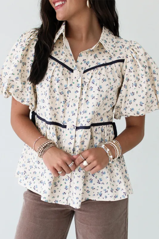 White Contrast Trim Floral Puff Short Sleeve Shirt sold by eAura