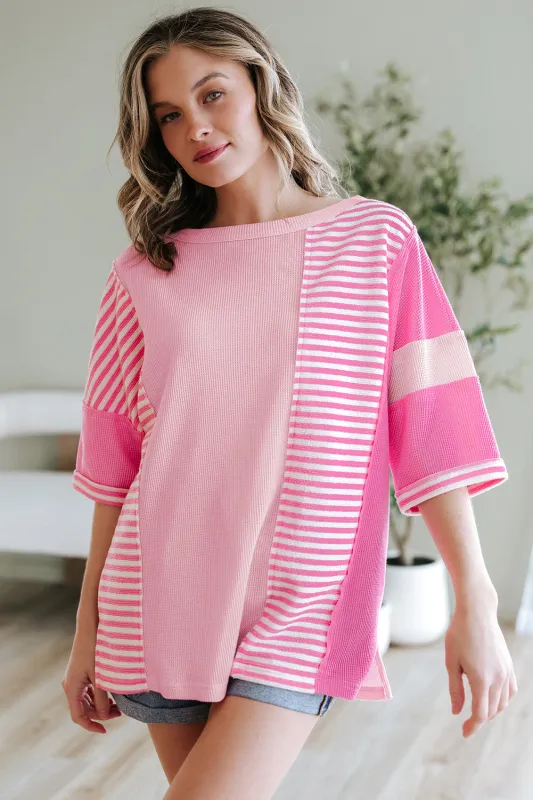 Pink Stripe Colour Block Patchwork Loose Half Sleeve T Shirt sold by eAura