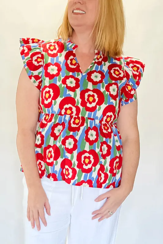 Red Plus Size Floral Print Ruffle Trim Split Neck Peplum Top sold by eAura