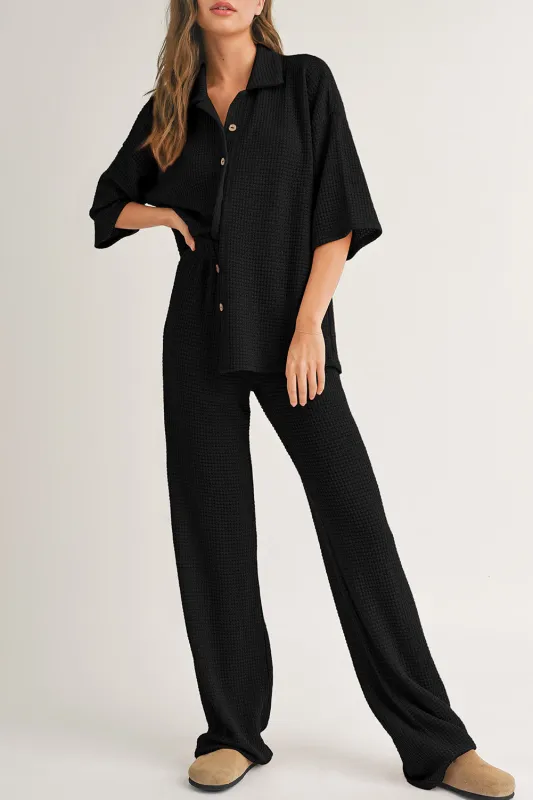 Black Solid Colour Textured Buttoned Shirt and Casual Trousers Set sold by eAura