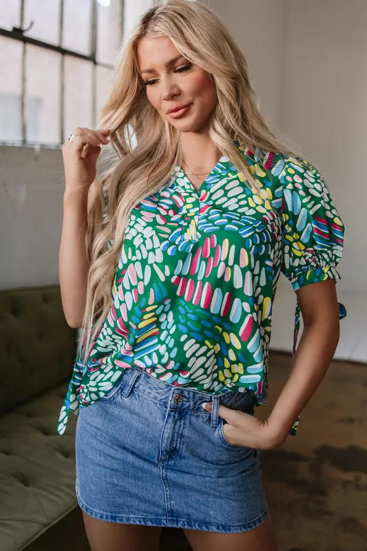 Green Brushwork Geometric Print Puff Sleeve Notched Neck Blouse sold by eAura