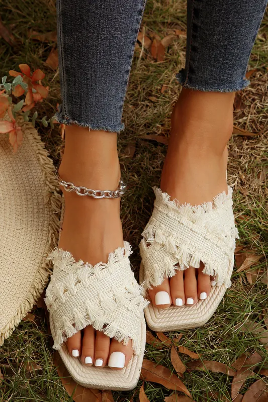 Beige Tassel Woven Crossed Straps Flat Sandals sold by eAura
