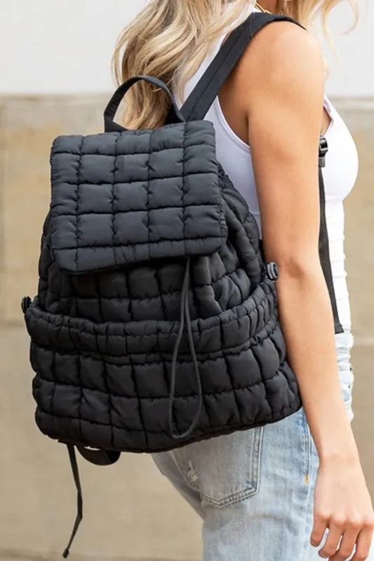 Black Solid Flapped Quilted Puffer Backpack sold by eAura