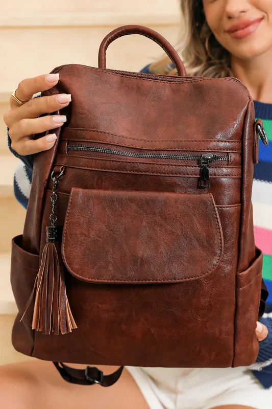 Dark Brown Tassel Decor Retro PU Large Capacity Backpack sold by eAura