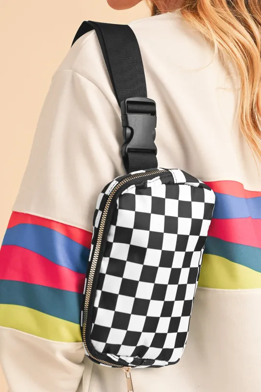 White Checkered Print Buckle Wide Belt Crossbody Bag sold by eAura