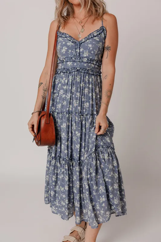 Blue Floral Spaghetti Strap Frilled V Neck Tiered Midi Dress sold by eAura