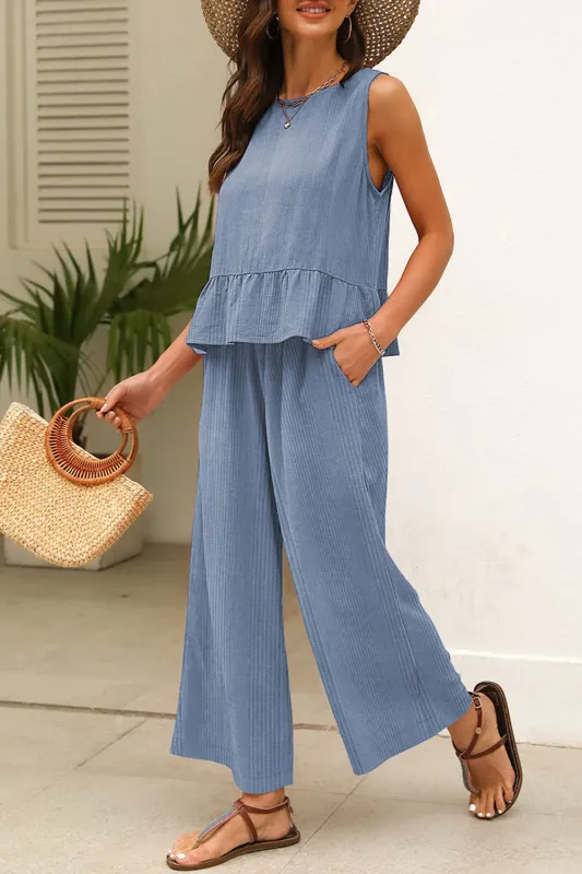 Beau Blue Ribbed Ruffle Tank Top and Trousers Set sold by eAura