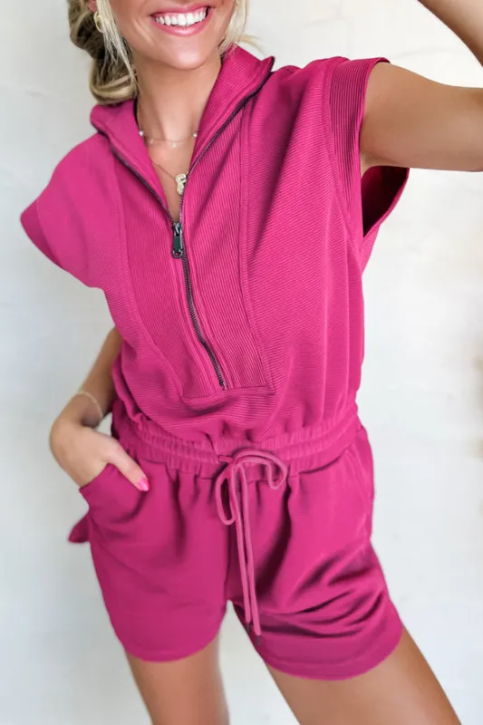 Rose Red Textured Short Sleeve Half Zip Drawstring Waist Romper sold by eAura