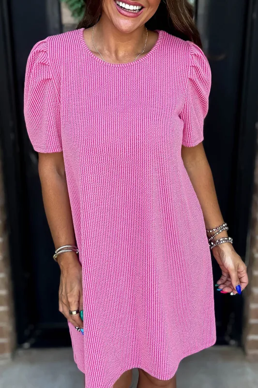 Bright Pink Ribbed Knit Crew Neck Puff Sleeve Shift Mini Dress sold by eAura