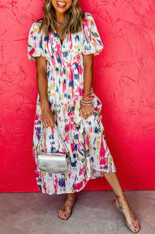Rose Abstract Print Short Puff Sleeve Tiered Maxi Dress sold by eAura