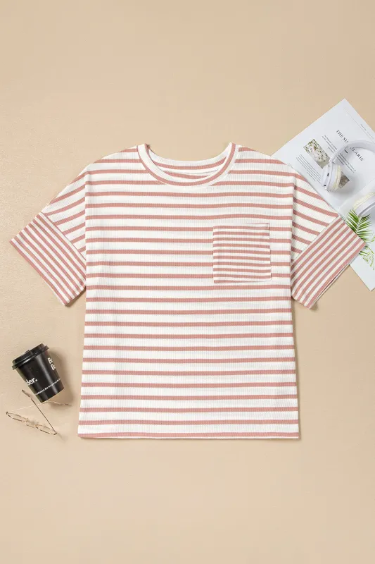 Pink Stripe Waffle Knit Pocketed Half Sleeve Plus Size T Shirt sold by eAura