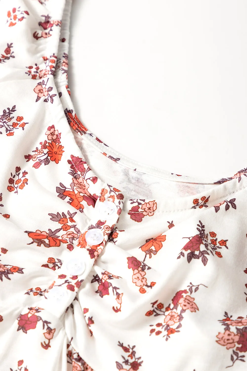 White Boho Floral Ruched Cinched Short Sleeve Blouse sold by eAura product image thumbnail 5