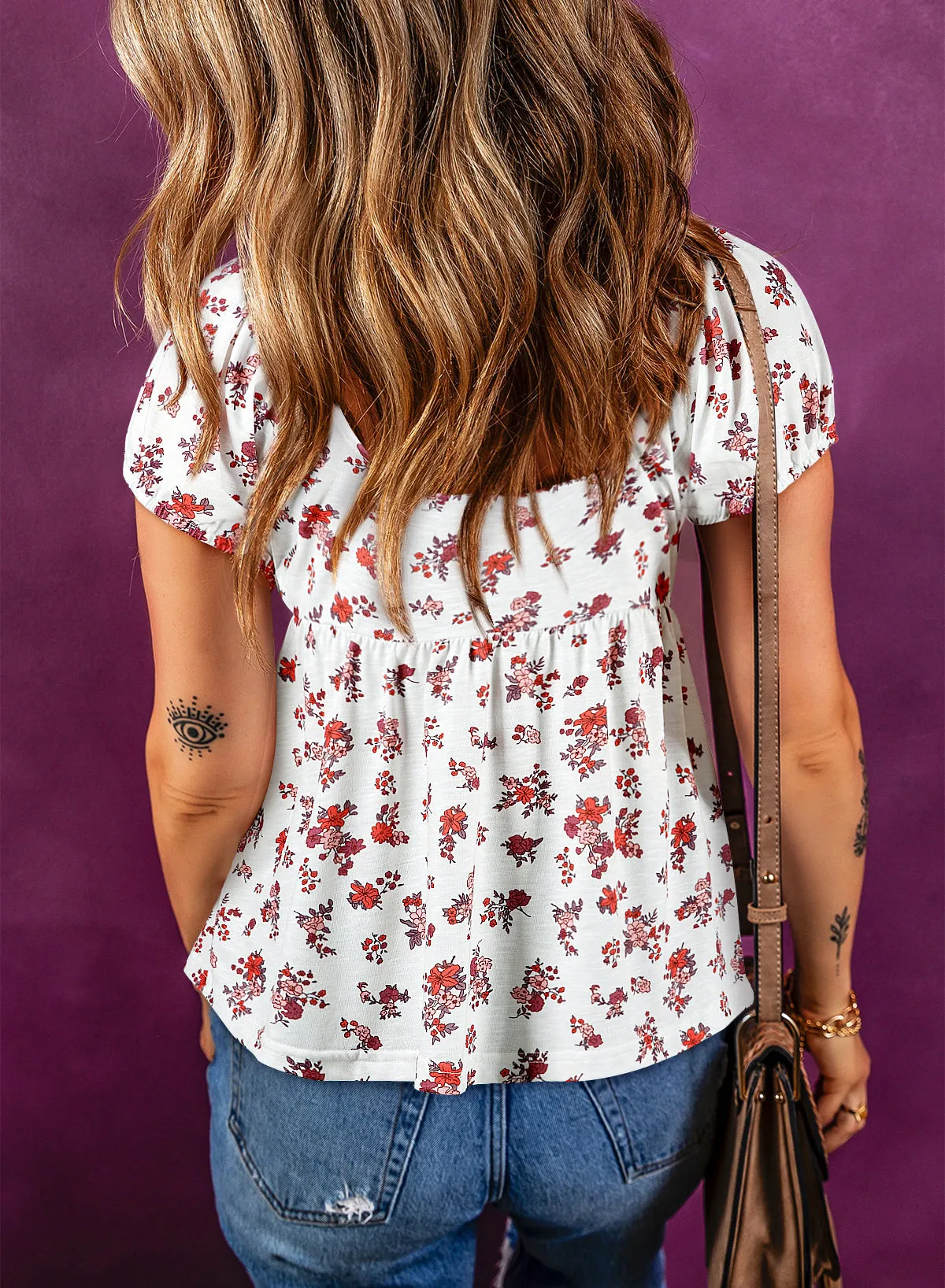 White Boho Floral Ruched Cinched Short Sleeve Blouse sold by eAura product image thumbnail 2