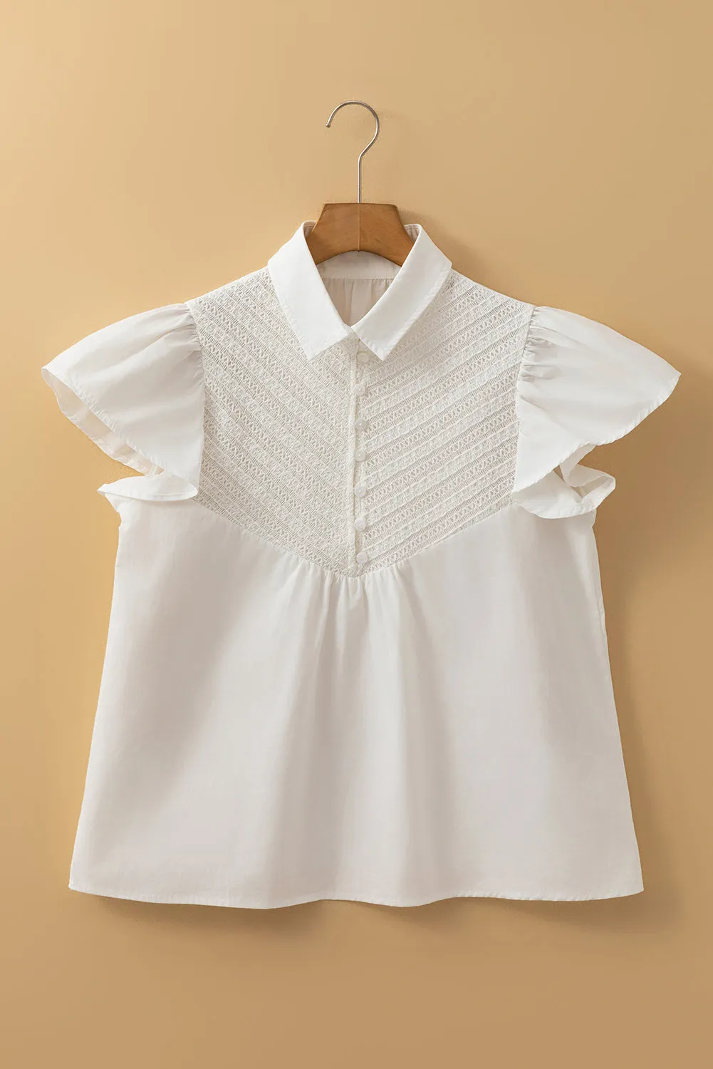 White Half Button Lace Patchwork Flutter Sleeve Blouse sold by eAura product image thumbnail 4
