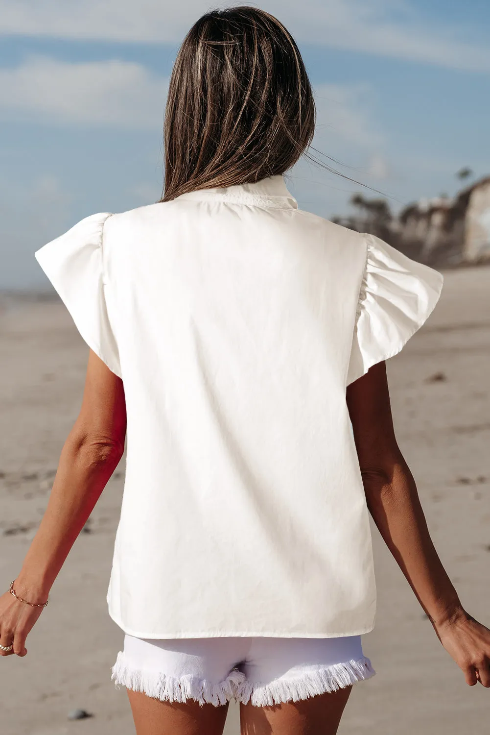 White Half Button Lace Patchwork Flutter Sleeve Blouse sold by eAura product image thumbnail 2