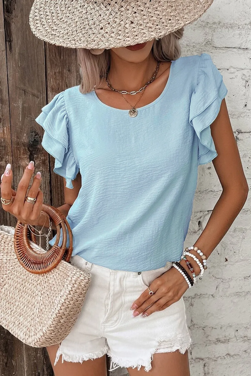 Mist Blue Solid Colour Ruffled Short Sleeve Casual Blouse sold by eAura product image thumbnail 5