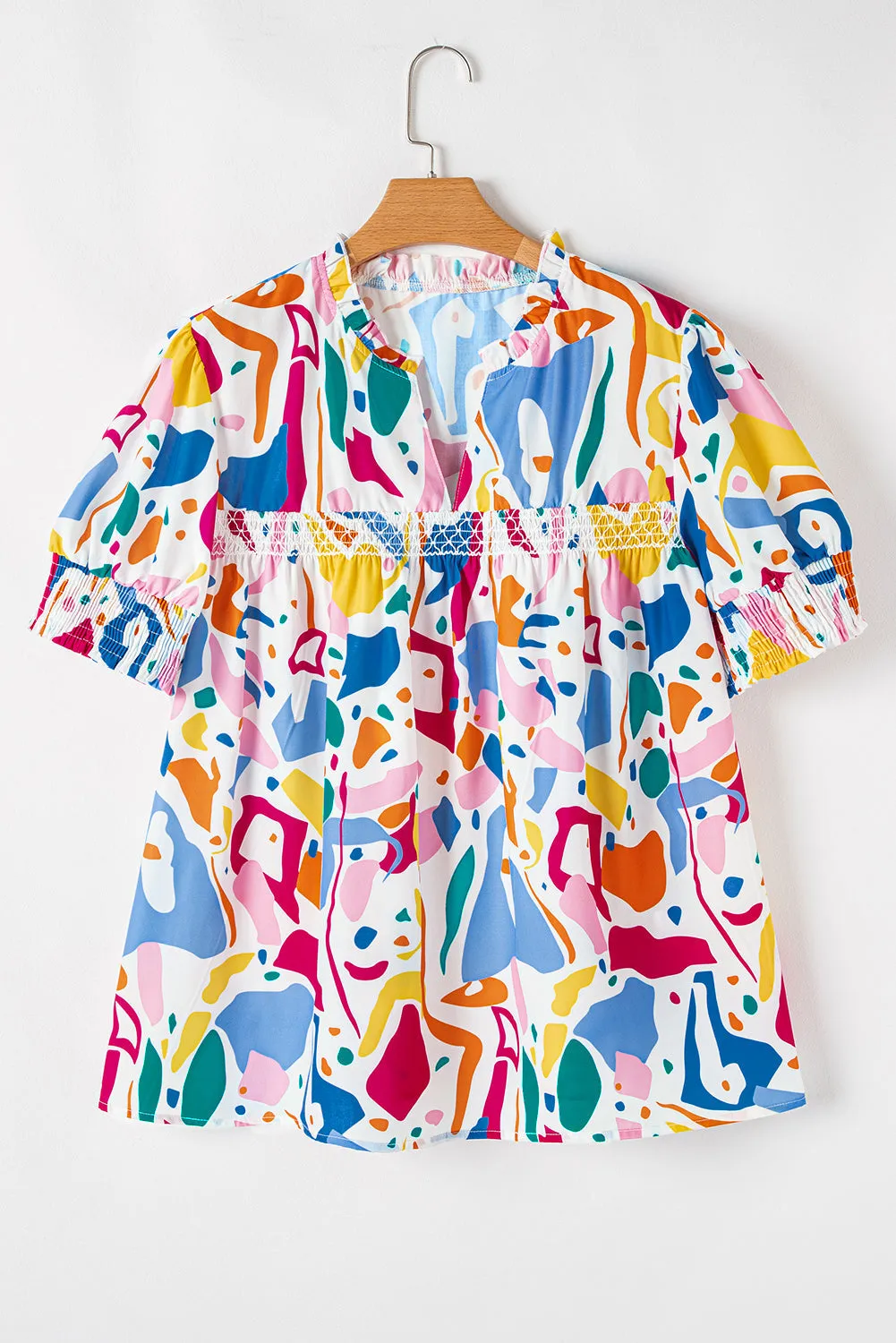 White Abstract Print Shirred Cuff Puff Sleeve Plus Size Blouse sold by eAura product image thumbnail 4