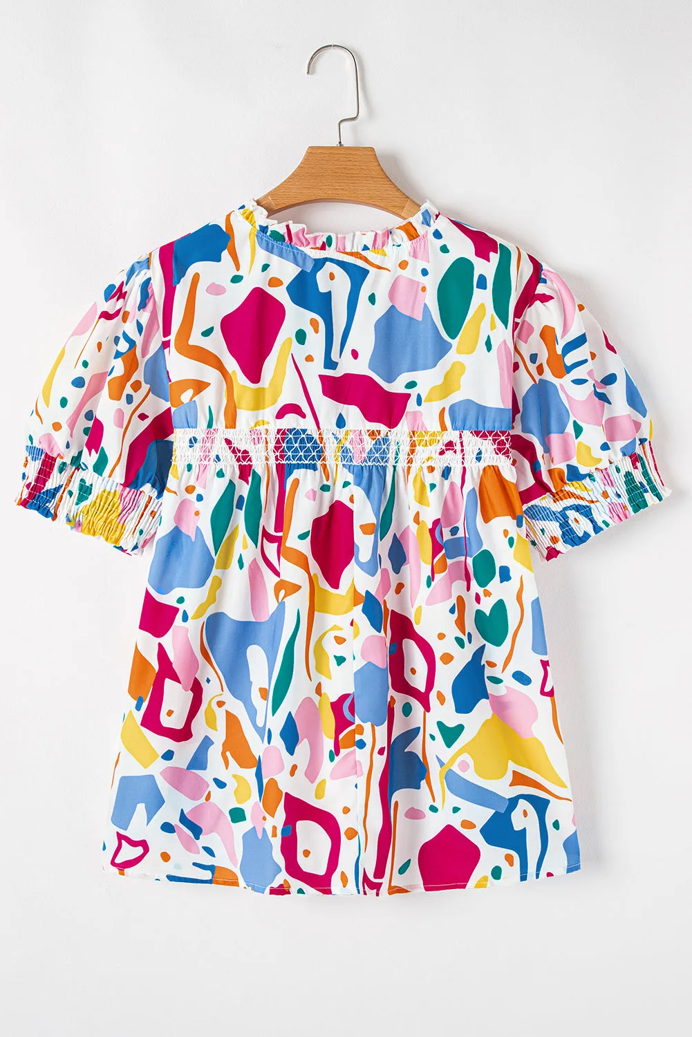 White Abstract Print Shirred Cuff Puff Sleeve Plus Size Blouse sold by eAura product image thumbnail 5