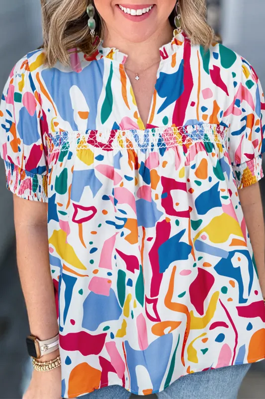 White Abstract Print Shirred Cuff Puff Sleeve Plus Size Blouse sold by eAura