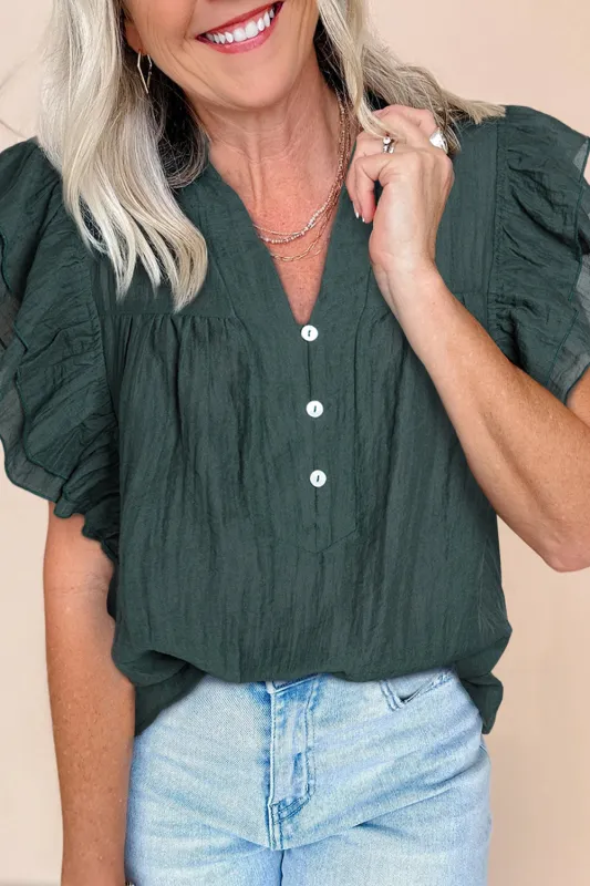 Skobeloff Frilled V Neck Ruffled Cap Sleeve Blouse sold by eAura