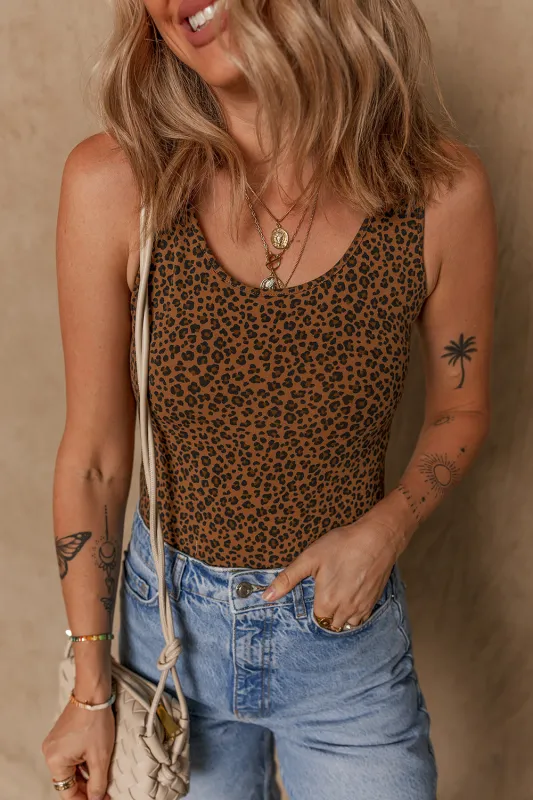 Brown Leopard Printed Sleeveless Scoop Neck Bodysuit sold by eAura