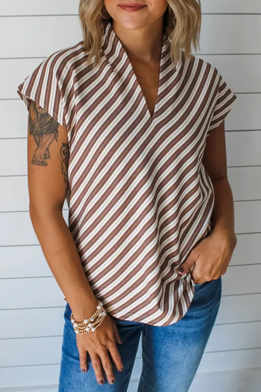 Chestnut Striped Stand V Neck Short Sleeve Blouse sold by eAura