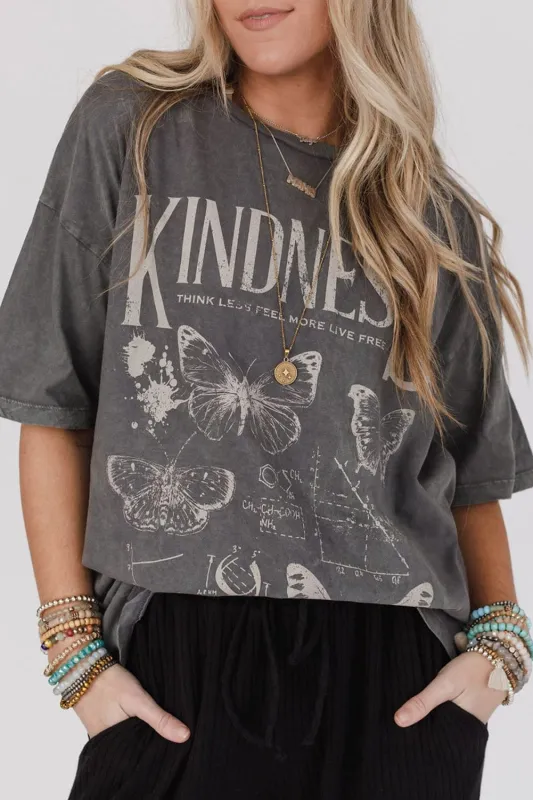 Dark Grey Kindness Butterflies Graphic Mineral Wash Loose Tee sold by eAura