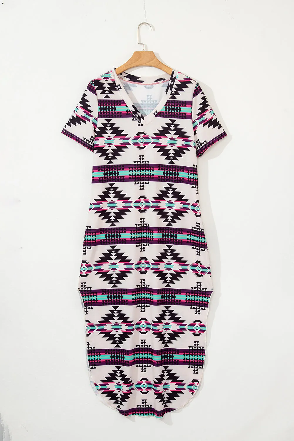 Beige Western Aztec Printed Long T-shirt Dress sold by eAura product image thumbnail 4