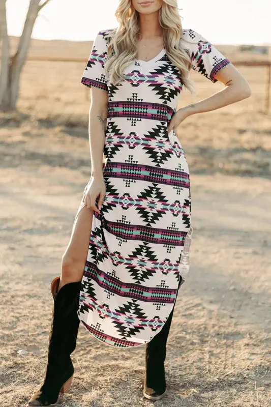 Beige Western Aztec Printed Long T-shirt Dress sold by eAura
