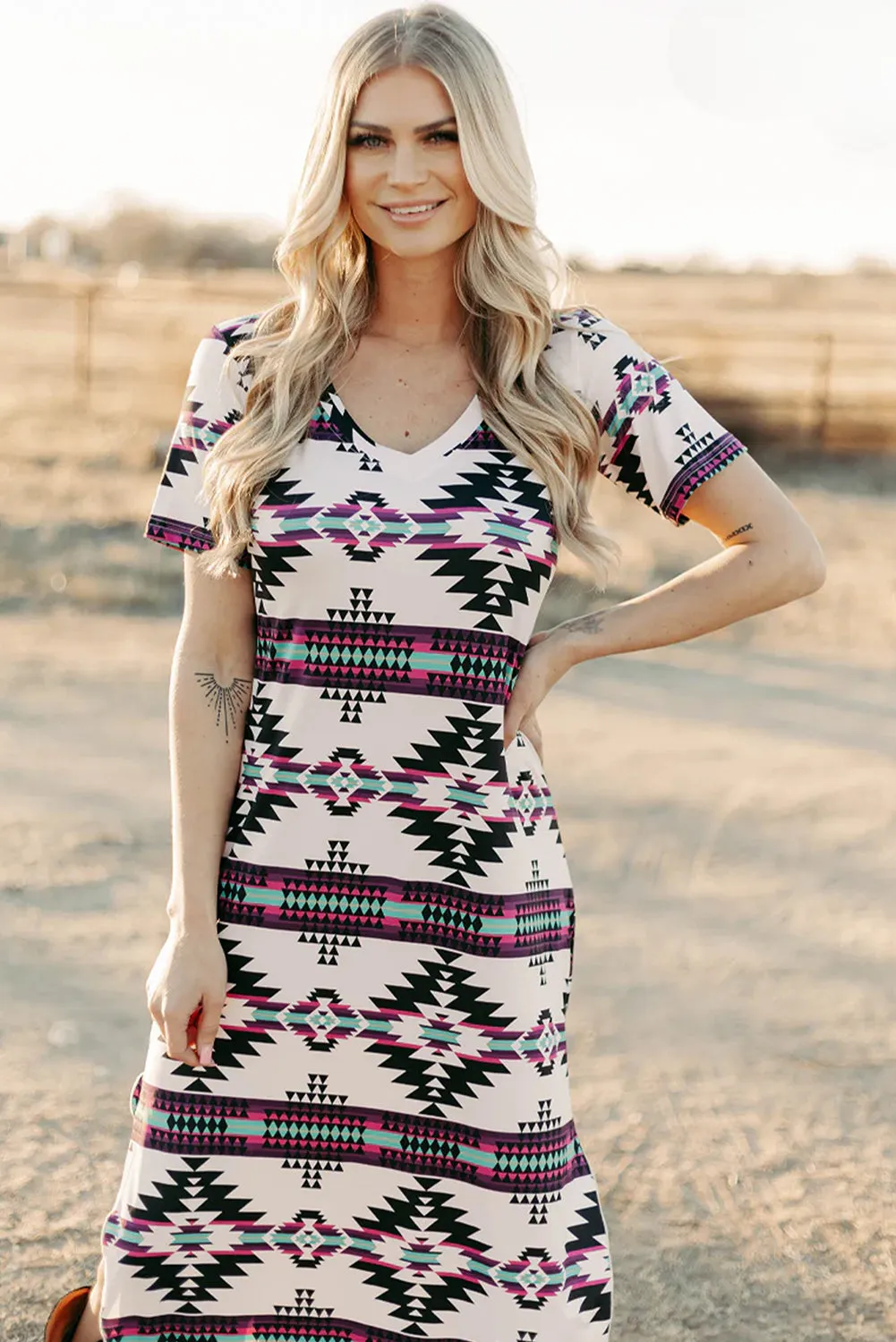 Beige Western Aztec Printed Long T-shirt Dress sold by eAura product image thumbnail 3