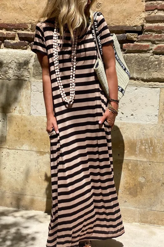Black Stripe Casual Round Neck T-shirt Maxi Dress with Pockets sold by eAura